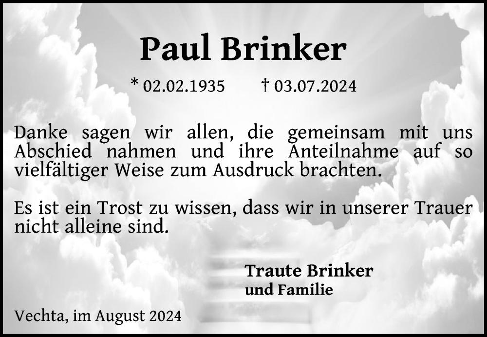  Traueranzeige für Paul Brinker vom 17.08.2024 aus OM-Medien