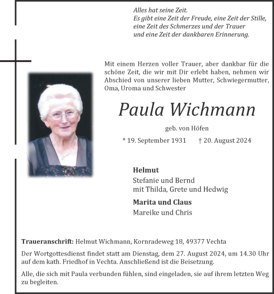 Anzeige von Paula Wichmann von OM-Medien