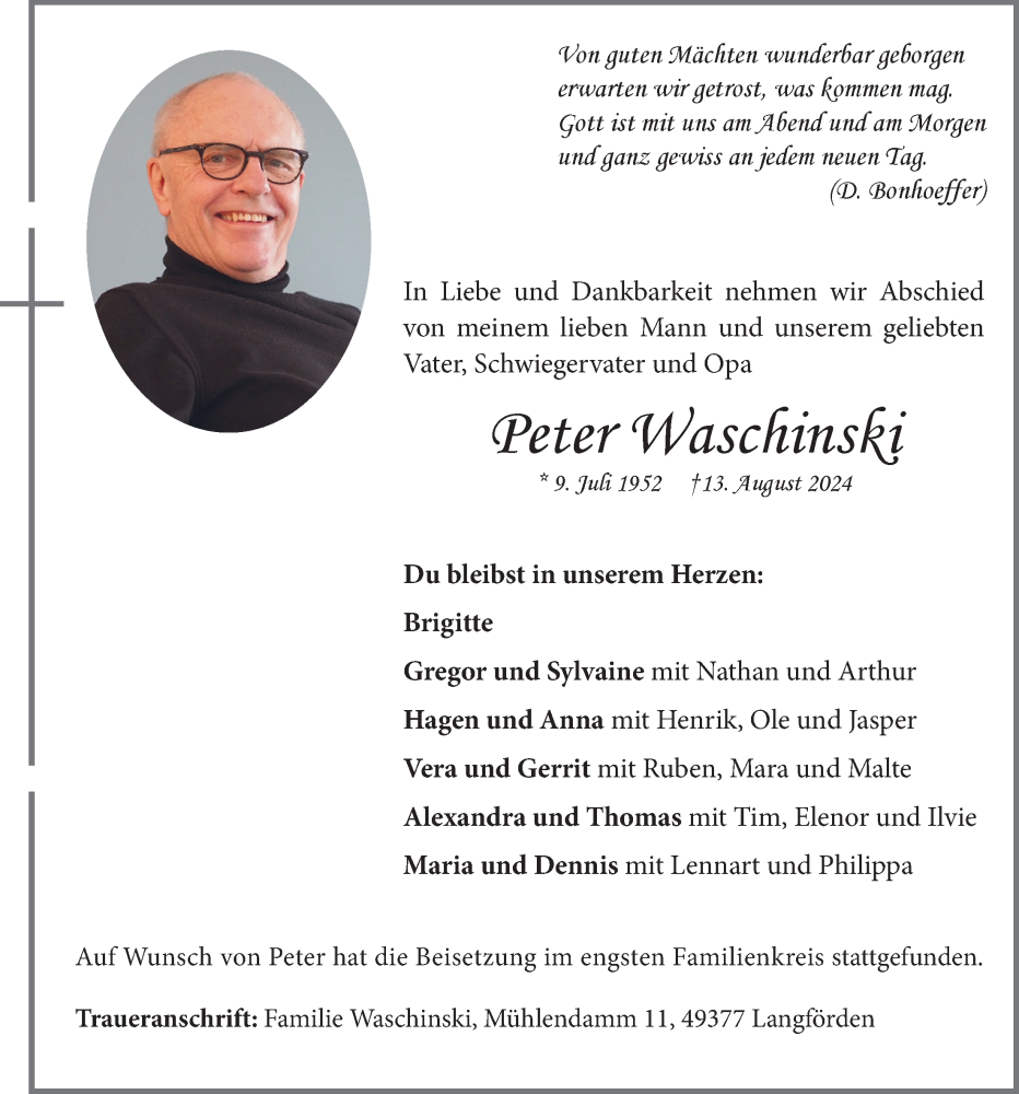  Traueranzeige für Peter Waschinski vom 24.08.2024 aus OM-Medien