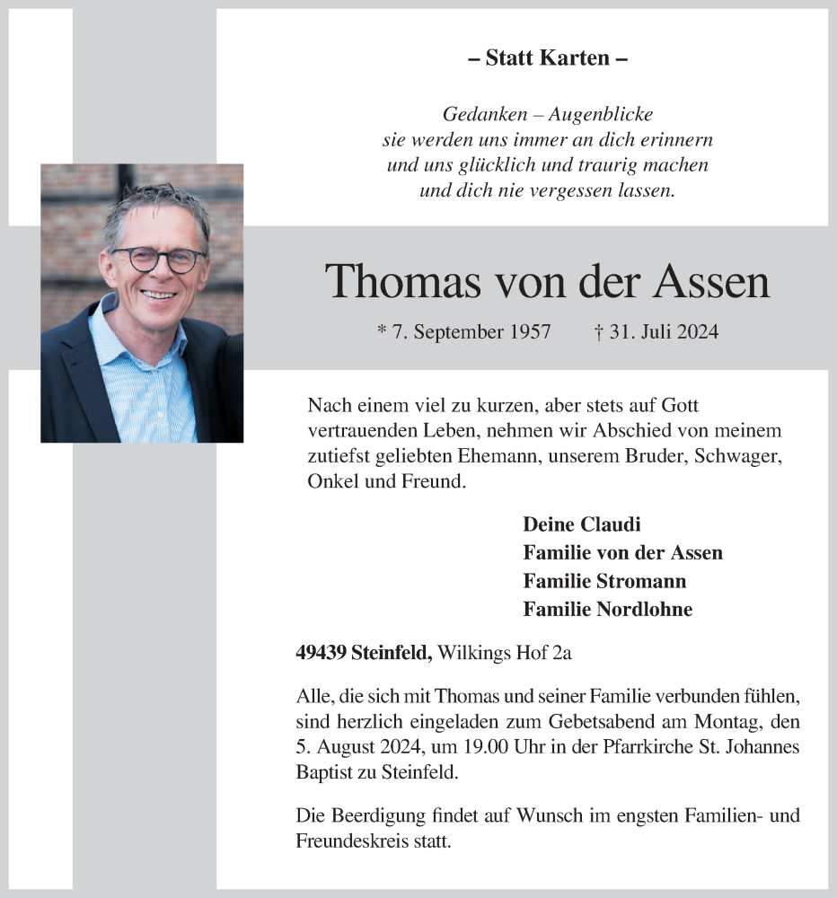  Traueranzeige für Thomas von der Assen vom 03.08.2024 aus OM-Medien