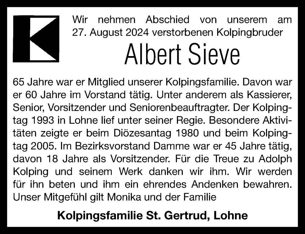  Traueranzeige für Albert Sieve vom 31.08.2024 aus OM-Medien