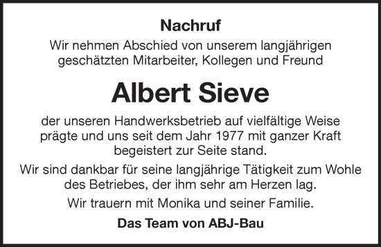 Anzeige von Albert Sieve von OM-Medien