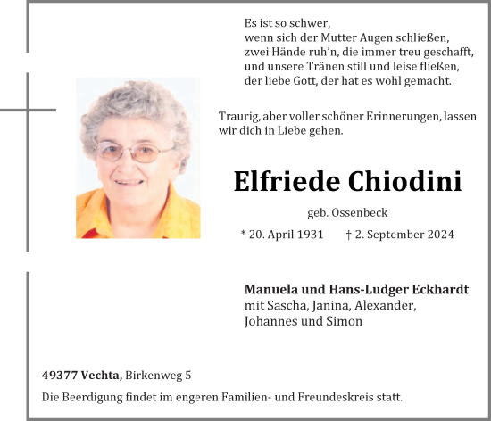 Anzeige von Elfriede Chiodini von OM-Medien