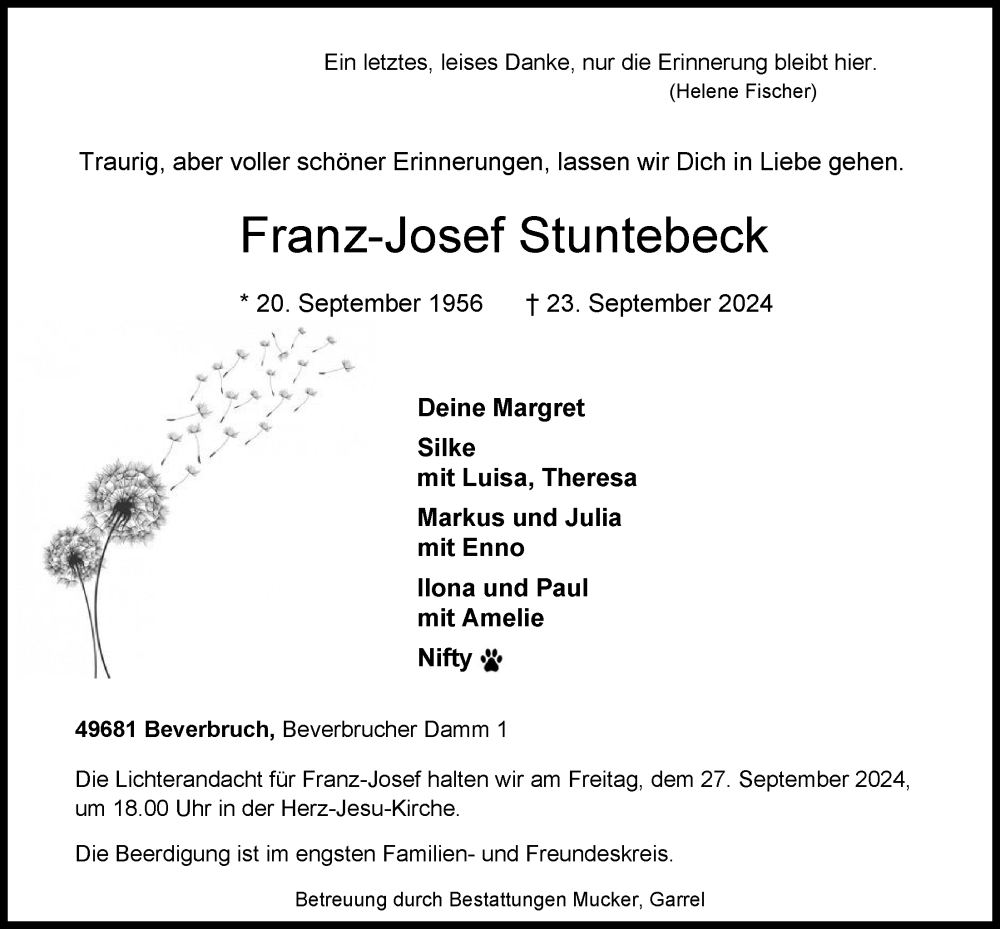  Traueranzeige für Franz-Josef Stuntebeck vom 26.09.2024 aus OM-Medien