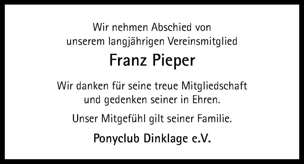  Traueranzeige für Franz Pieper vom 06.09.2024 aus OM-Medien