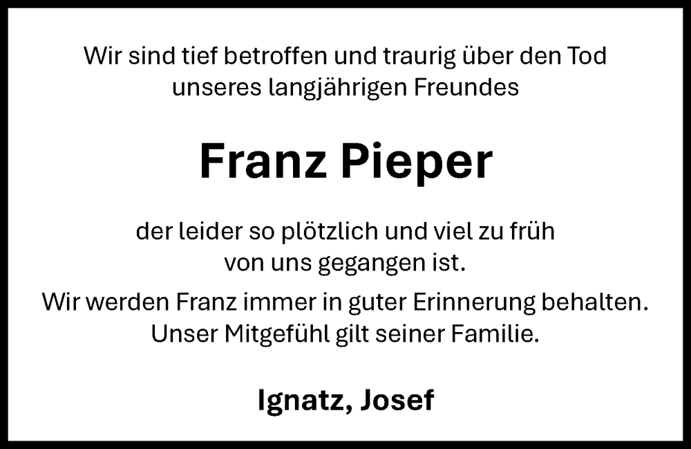  Traueranzeige für Franz Pieper vom 07.09.2024 aus OM-Medien