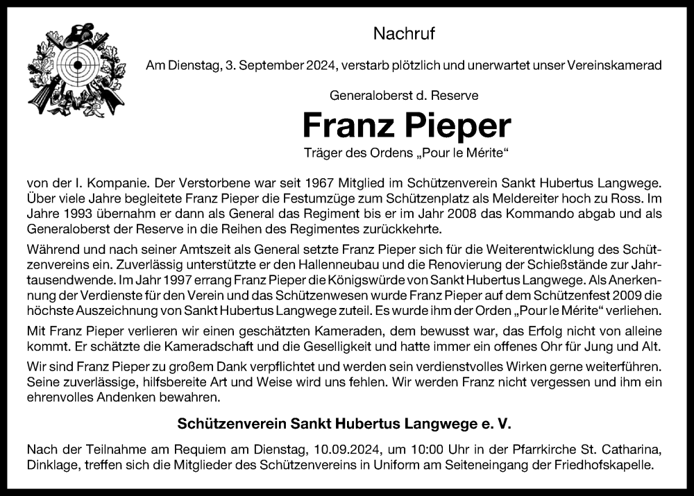  Traueranzeige für Franz Pieper vom 06.09.2024 aus OM-Medien