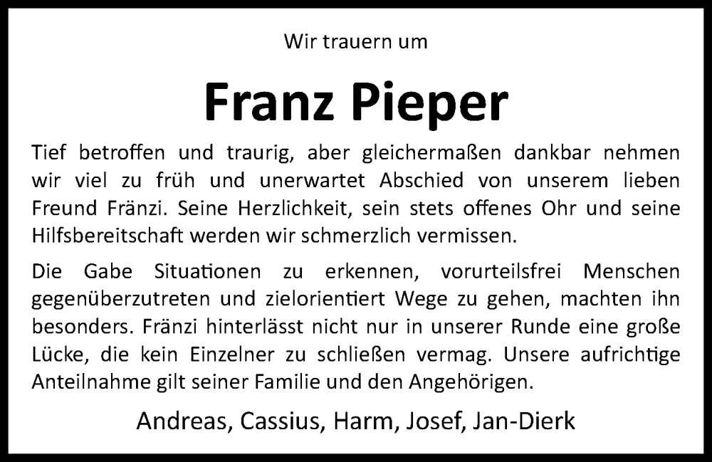  Traueranzeige für Franz Pieper vom 06.09.2024 aus OM-Medien