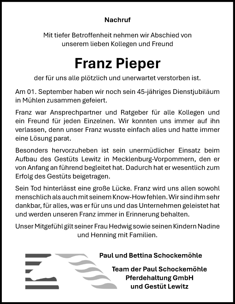  Traueranzeige für Franz Pieper vom 06.09.2024 aus OM-Medien