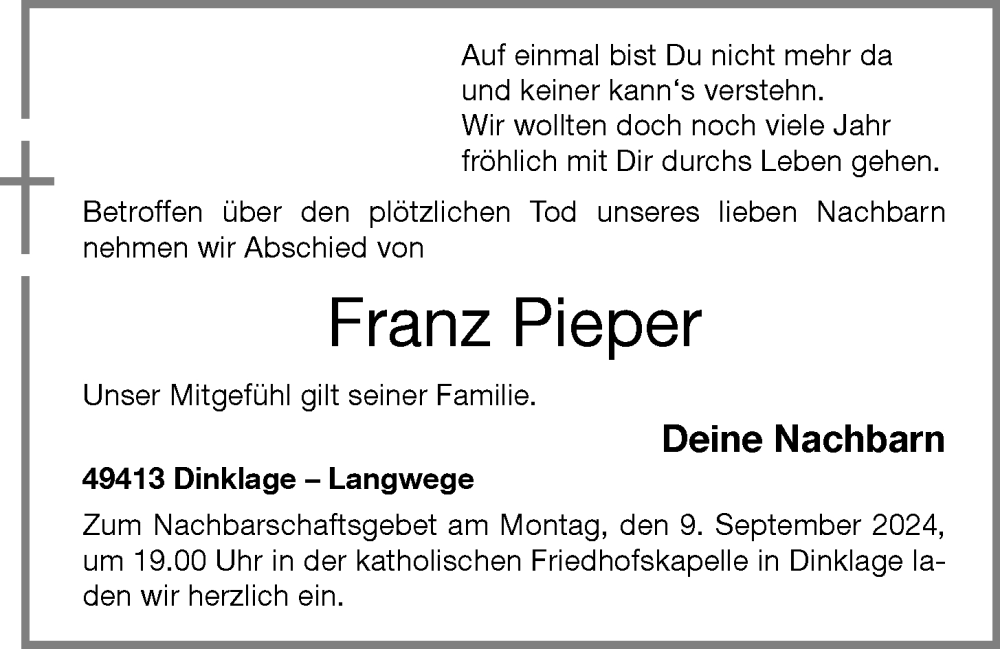  Traueranzeige für Franz Pieper vom 07.09.2024 aus OM-Medien