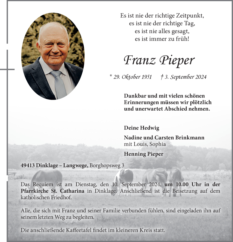  Traueranzeige für Franz Pieper vom 05.09.2024 aus OM-Medien