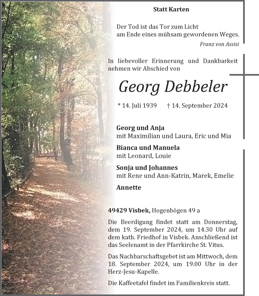  Traueranzeige für Georg Debbeler vom 17.09.2024 aus OM-Medien