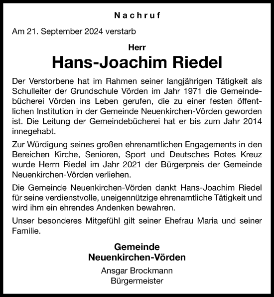 Anzeige von Hans-Joachim Riedel von OM-Medien