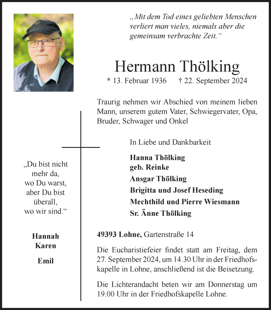  Traueranzeige für Hermann Thölking vom 24.09.2024 aus OM-Medien