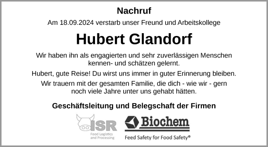 Anzeige von Hubert Glandorf von OM-Medien