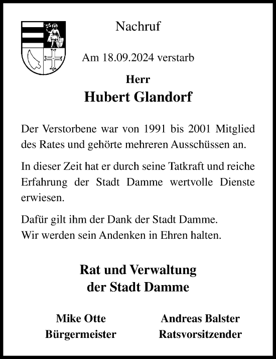 Anzeige von Hubert Glandorf von OM-Medien