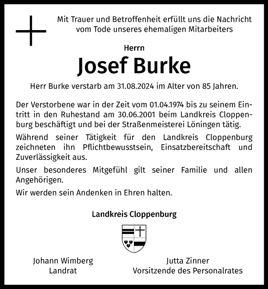 Anzeige von Josef Burke von OM-Medien