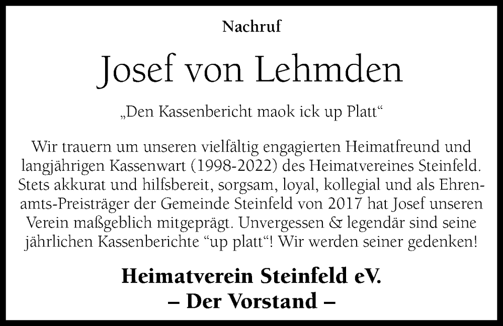  Traueranzeige für Josef von Lehmden vom 20.09.2024 aus OM-Medien