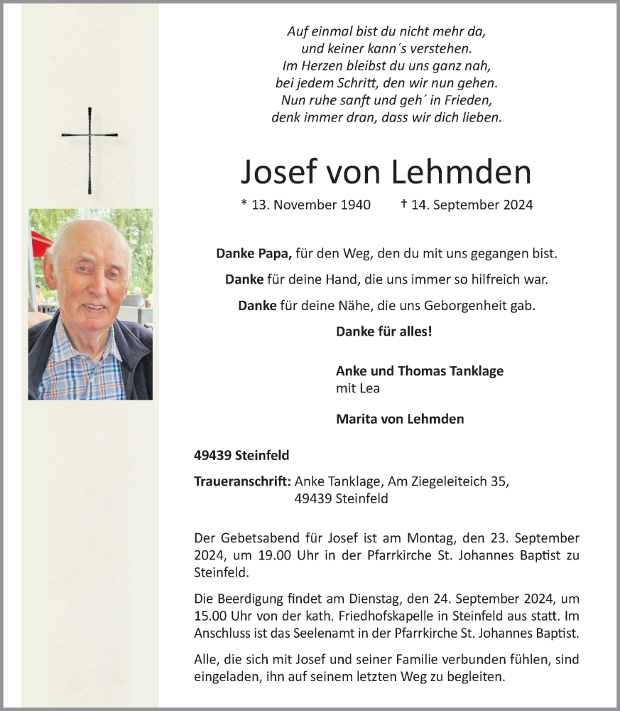  Traueranzeige für Josef von Lehmden vom 19.09.2024 aus OM-Medien