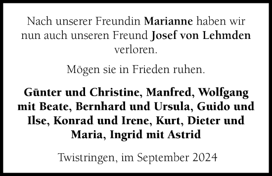 Anzeige von Marianne und Josef von Lehmden von OM-Medien