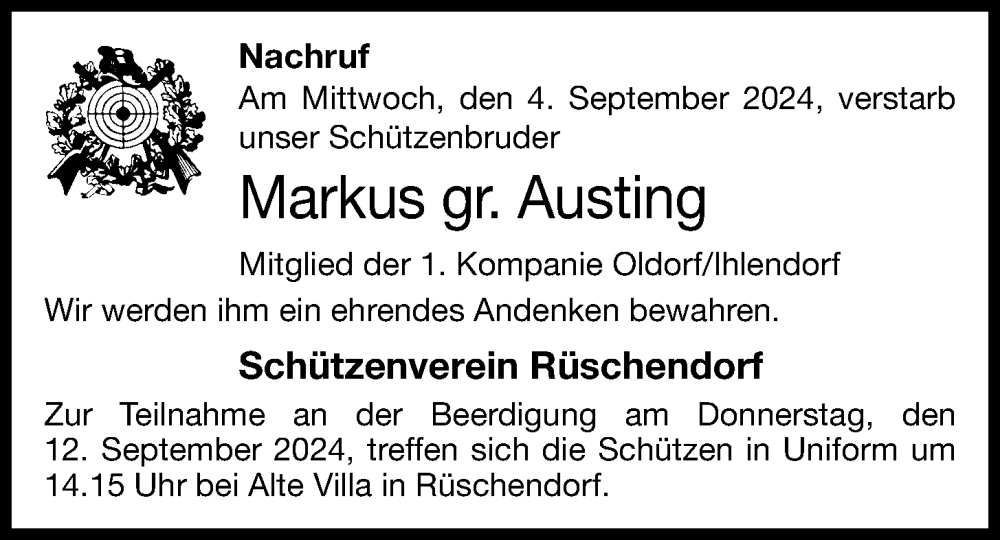  Traueranzeige für Markus gr. Austing vom 10.09.2024 aus OM-Medien