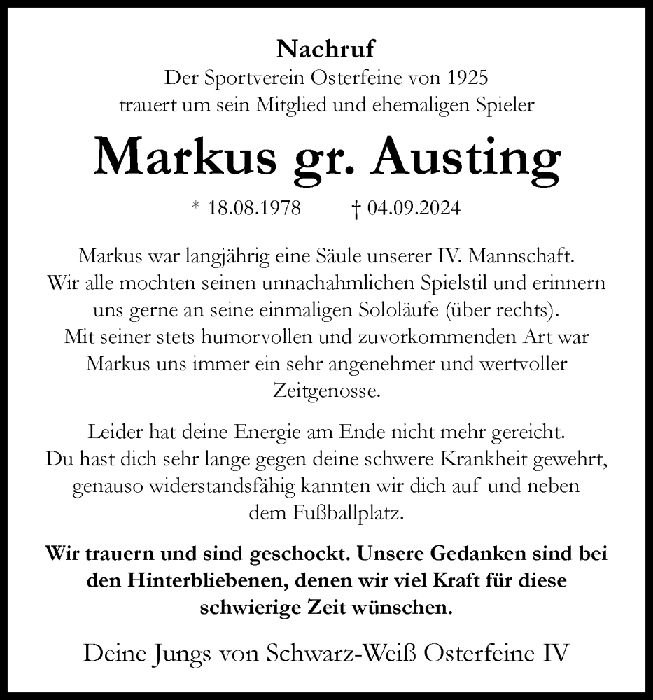  Traueranzeige für Markus gr. Austing vom 10.09.2024 aus OM-Medien