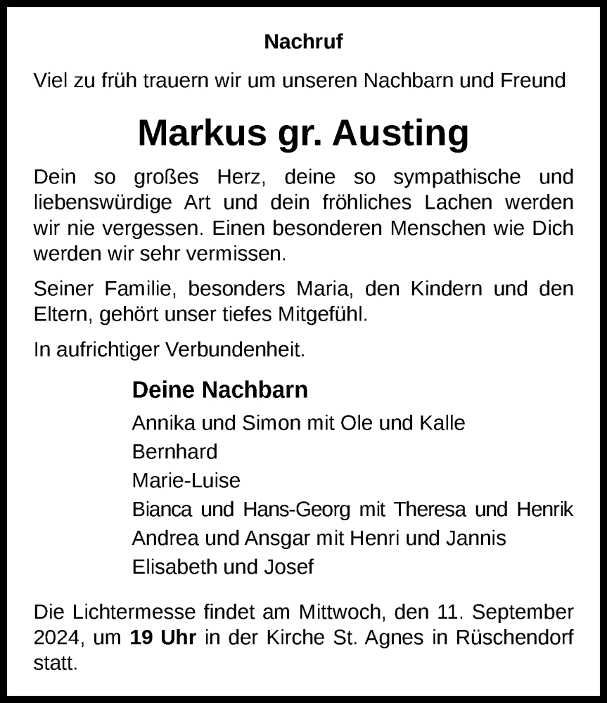  Traueranzeige für Markus gr. Austing vom 09.09.2024 aus OM-Medien