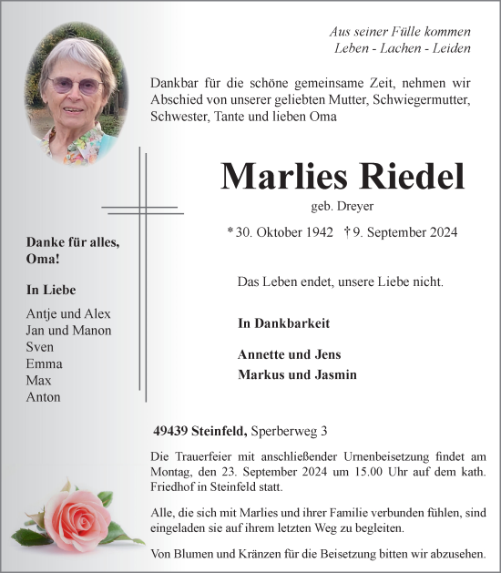 Anzeige von Marlies Riedel von OM-Medien