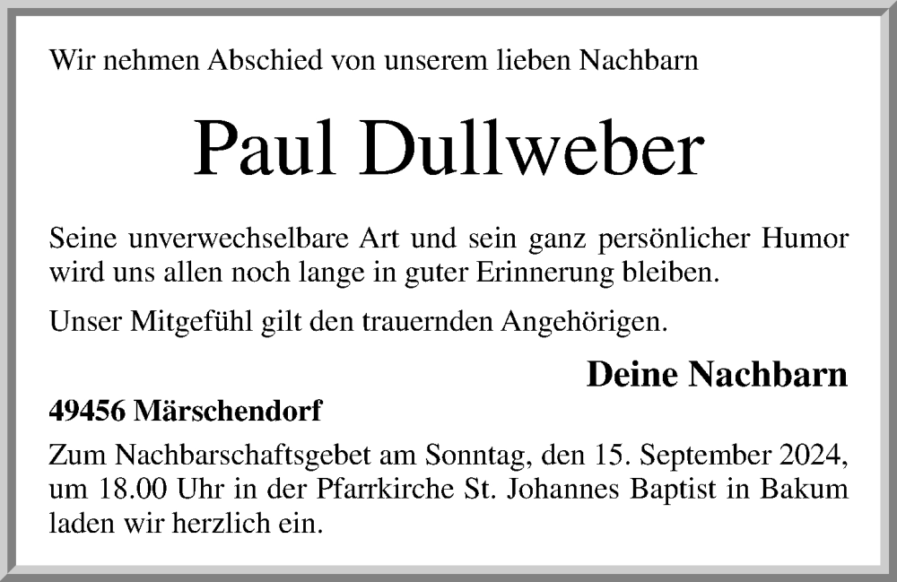  Traueranzeige für Paul Dullweber vom 14.09.2024 aus OM-Medien