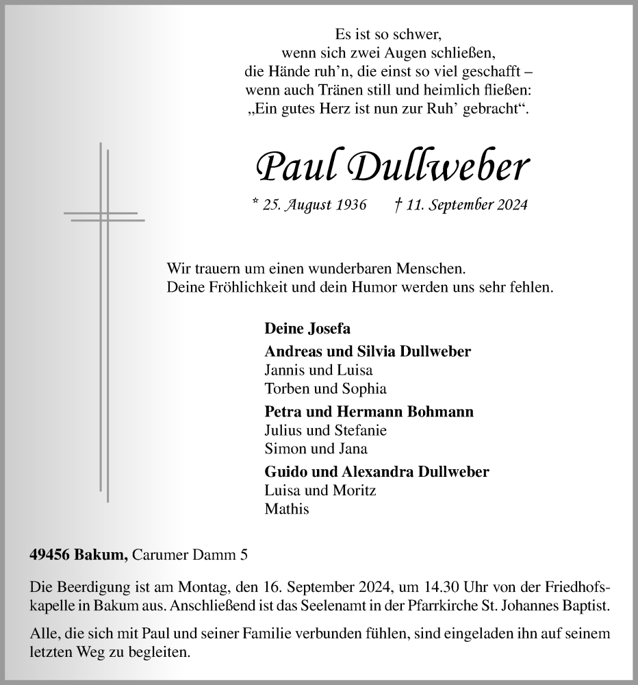  Traueranzeige für Paul Dullweber vom 13.09.2024 aus OM-Medien