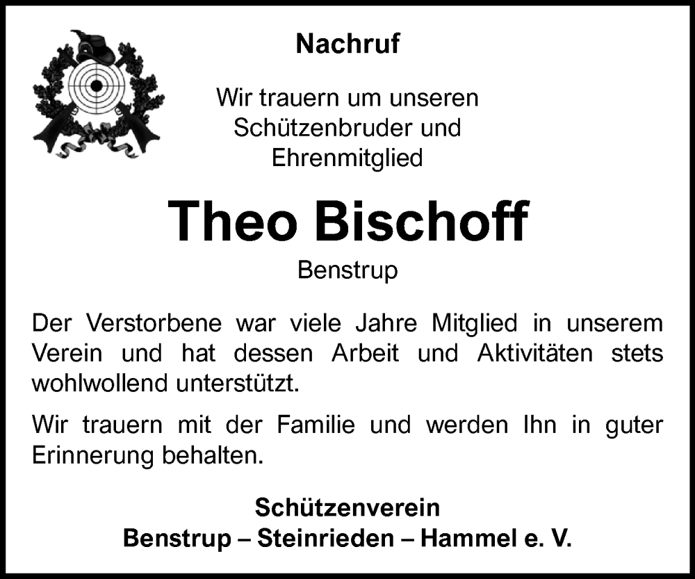  Traueranzeige für Theo Bischoff vom 31.08.2024 aus OM-Medien