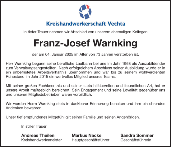 Anzeige von Franz-Josef Warnking von OM-Medien