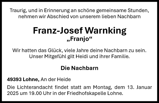 Anzeige von Franz-Josef Warnking von OM-Medien