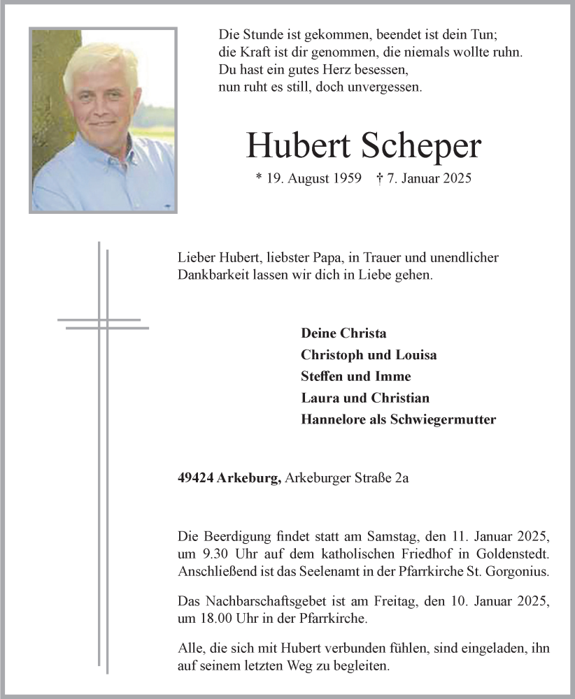  Traueranzeige für Hubert Scheper vom 08.01.2025 aus OM-Medien