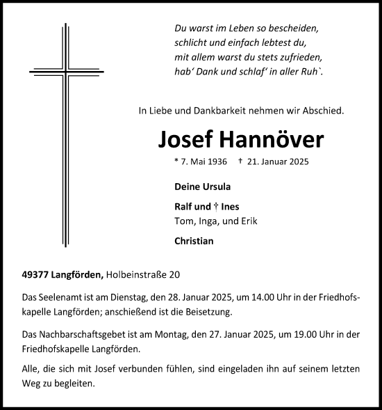 Anzeige von Josef Hannöver von OM-Medien