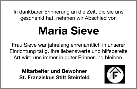 Anzeige von Maria Sieve von OM-Medien